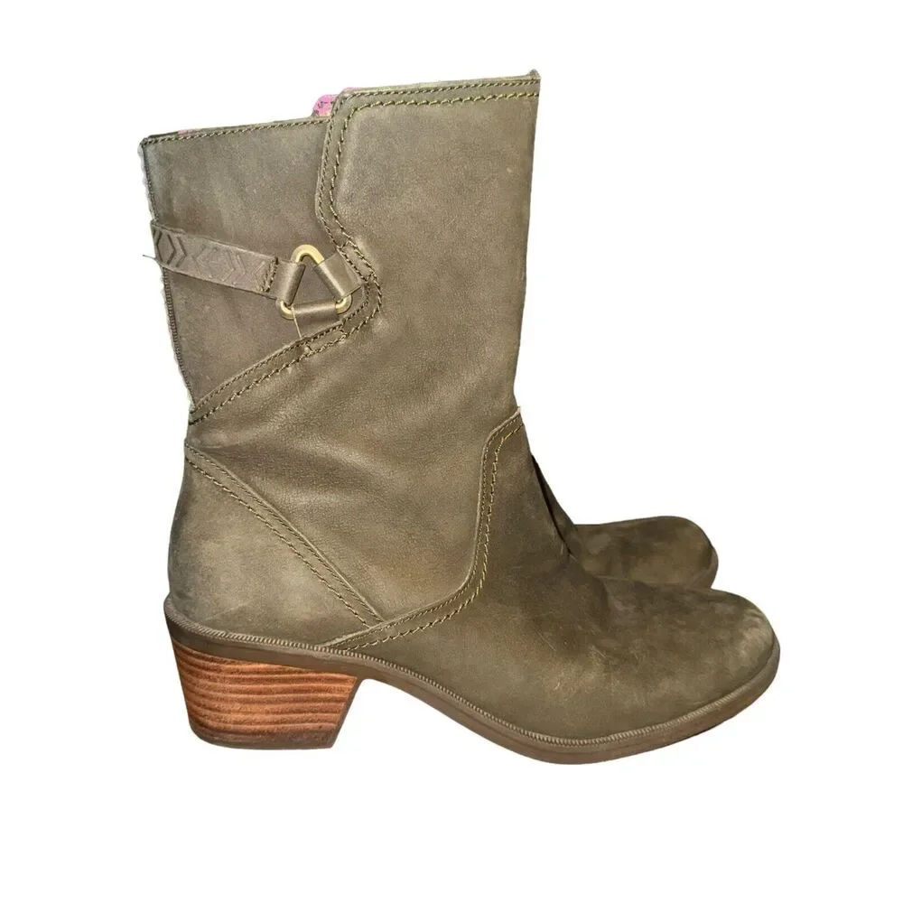 Teva Foxy Mid Boot Women's 8.5 Olive Green Leather Side Zip Biker Moto